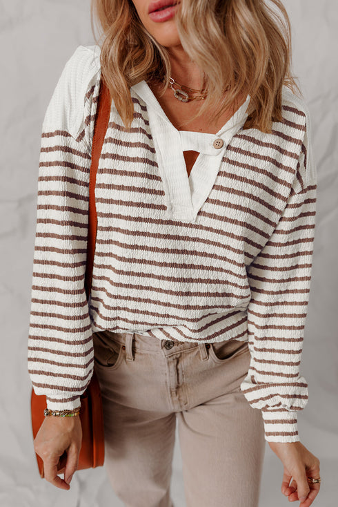 Textured Stripe Notched Button Tab V Neck Drop Shoulder Long Sleeve Top